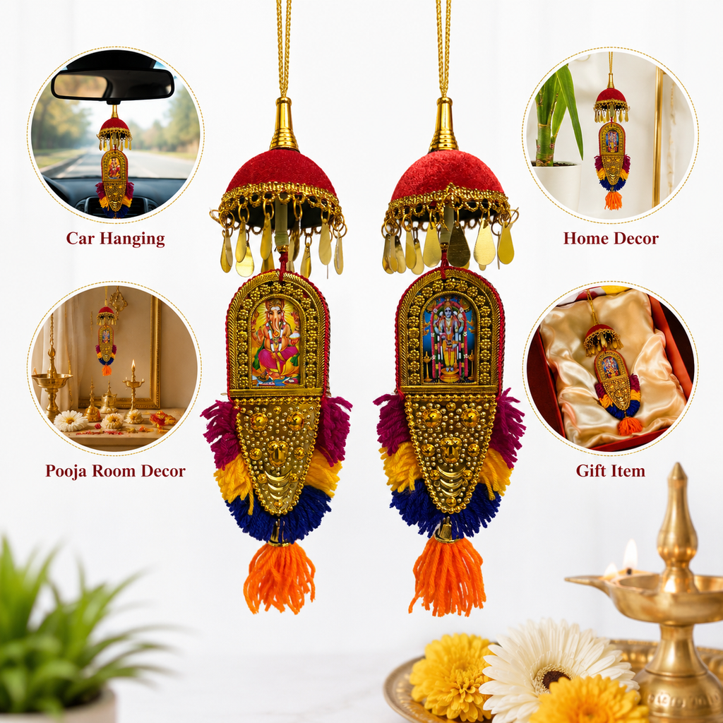 Vitrox Handmade Traditional Ganesha Hanging Décor – Double Side Design for Car, Home & Pooja Room | 25cm x 8cm