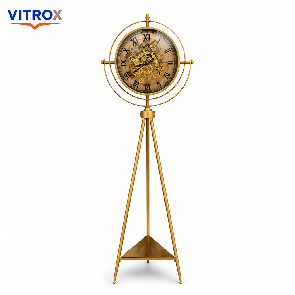 Double Side Floor Standing Clock – Premium Metal Silent Quartz Vintage Display Clock (150 cm Height, Gold Finish)