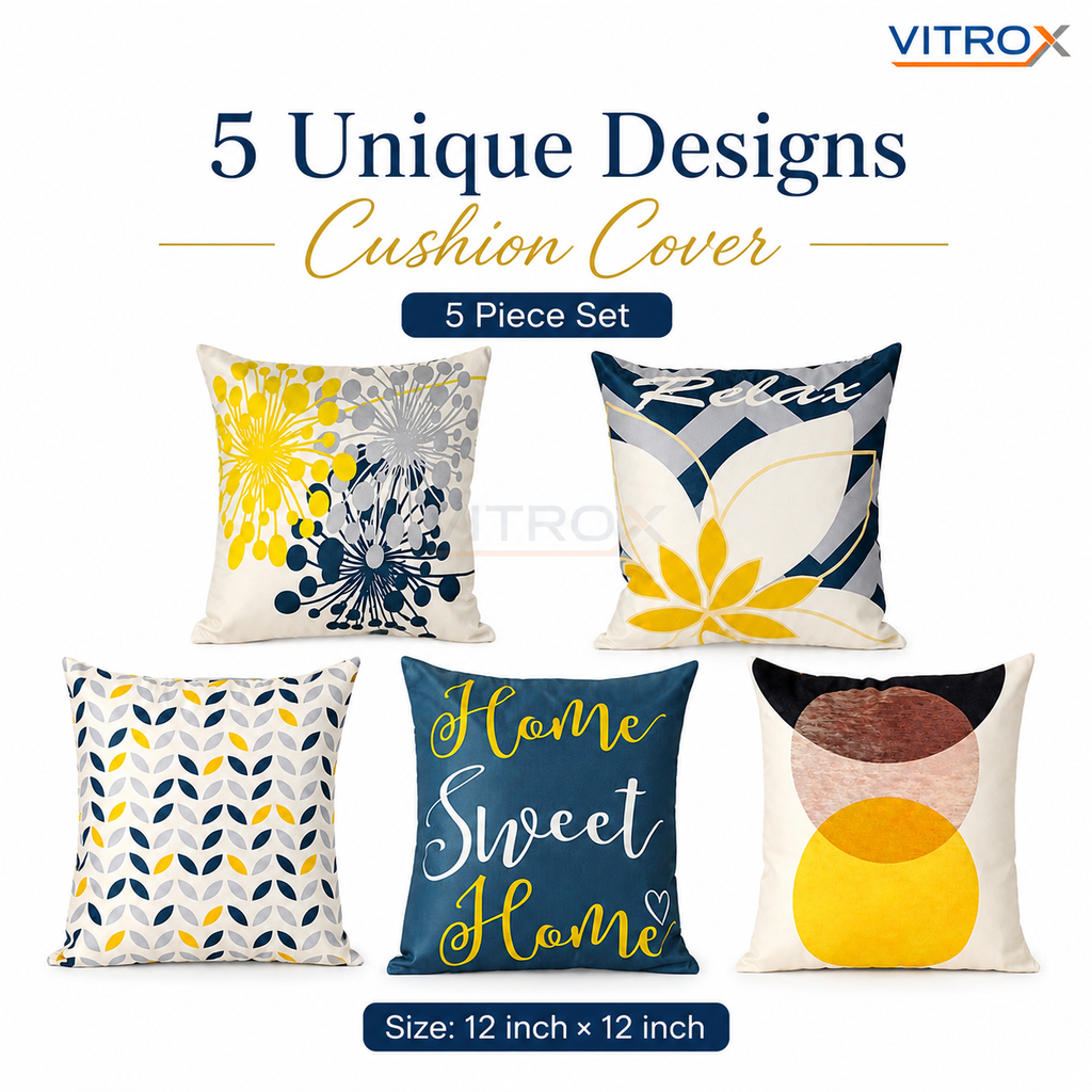 Vitrox Decorative Printed Cushion Cover Set – 5 Piece Set, 12 x 12 Inch Square Cushion Covers