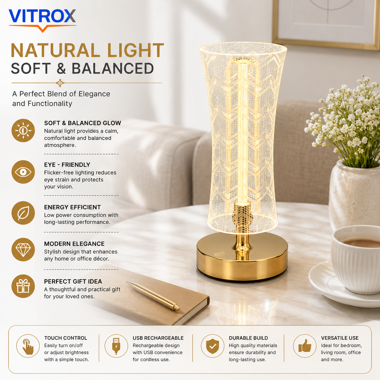 USB Rechargeable Touch Control LED Table Lamp – Natural Light Modern Bedside Decorative Lamp