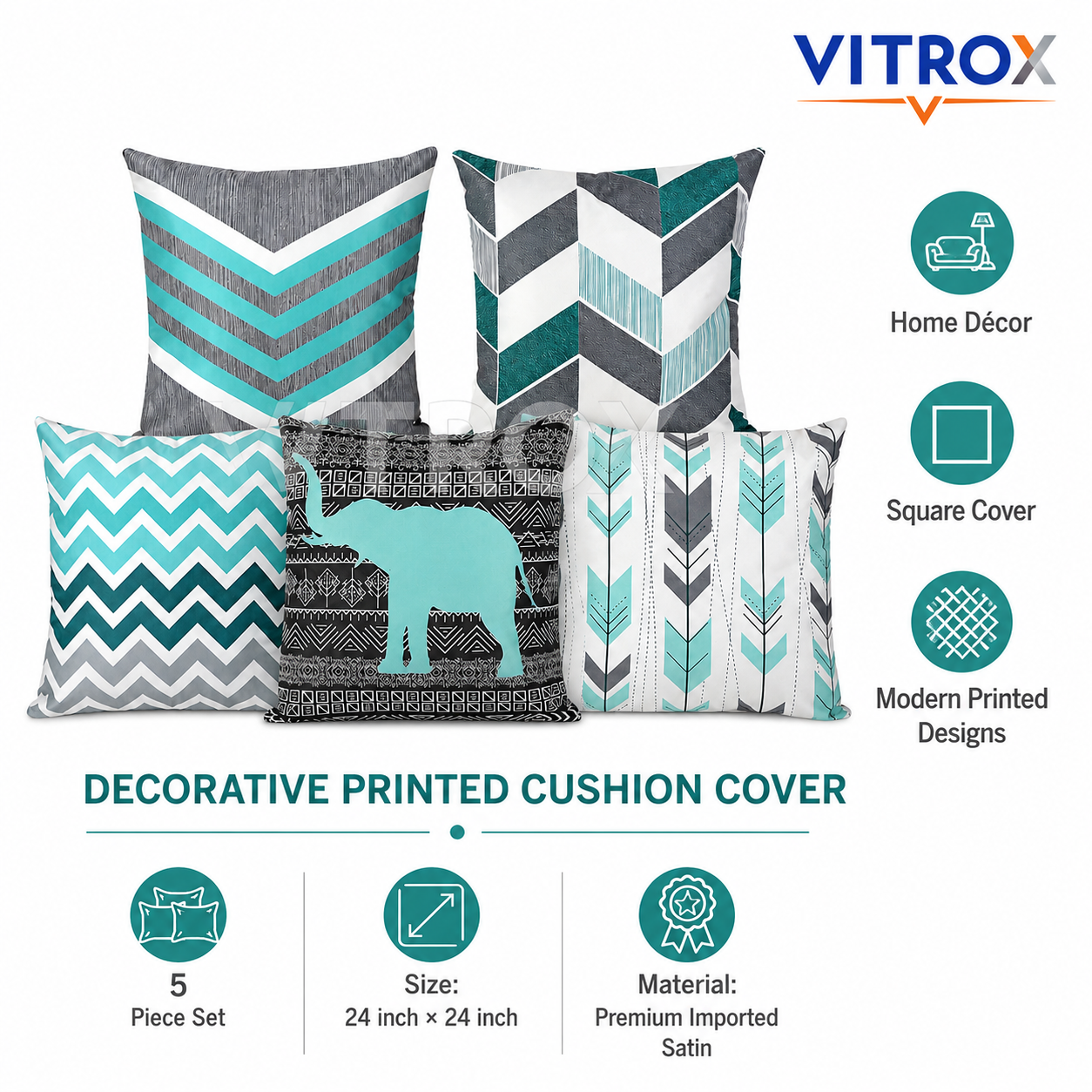 Vitrox Decorative Printed Cushion Cover Set – 5 Piece Set, 24 x 24 Inch Premium Imported Satin Cushion Covers