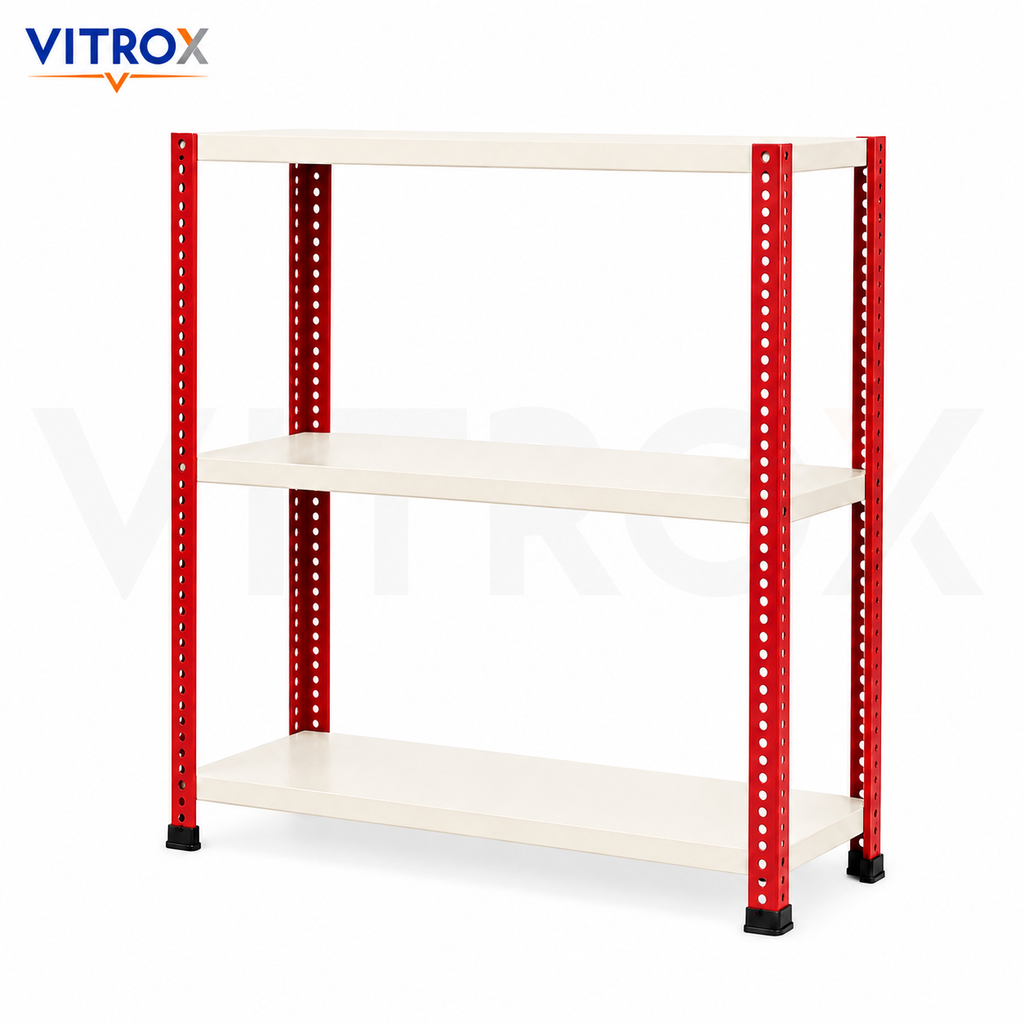 Slotted Angle Storage Rack 36 x 30 x 12 Inch 3 Tier – RED & IVORY Powder Coated Metal Rack
