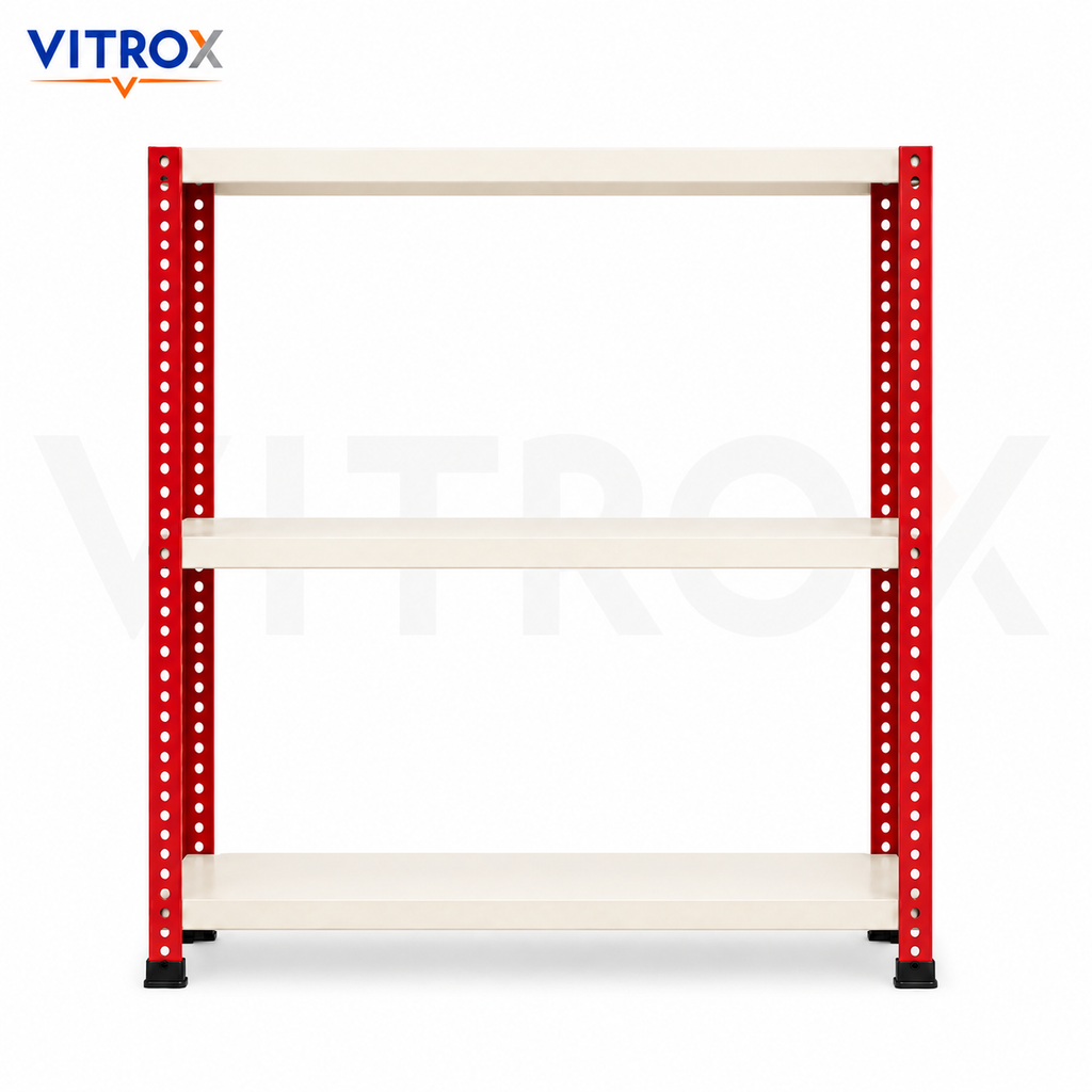 Slotted Angle Storage Rack 36 x 30 x 12 Inch 3 Tier – RED & IVORY Powder Coated Metal Rack