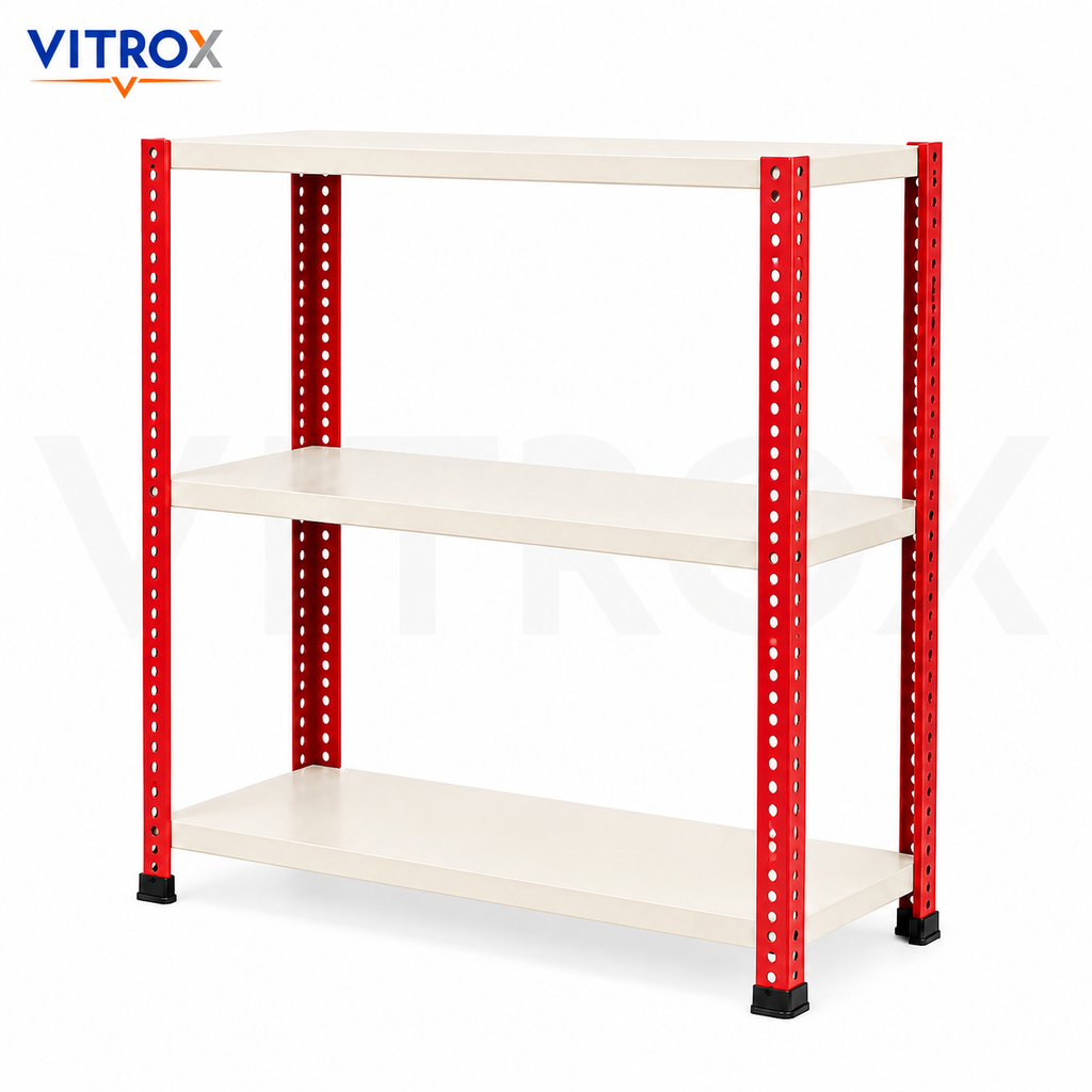 Slotted Angle Storage Rack 36 x 30 x 12 Inch 3 Tier – RED & IVORY Powder Coated Metal Rack