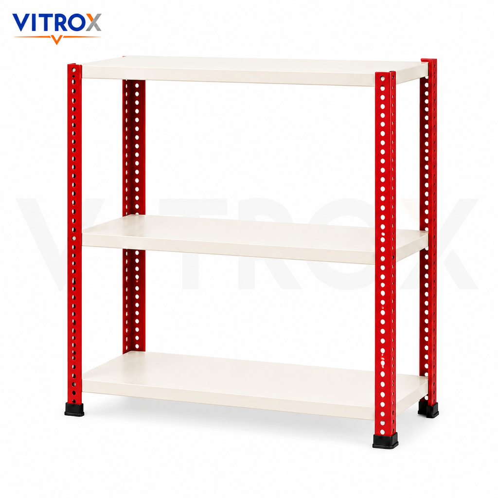 Slotted Angle Storage Rack 36 x 30 x 12 Inch 3 Tier – RED & IVORY Powder Coated Metal Rack