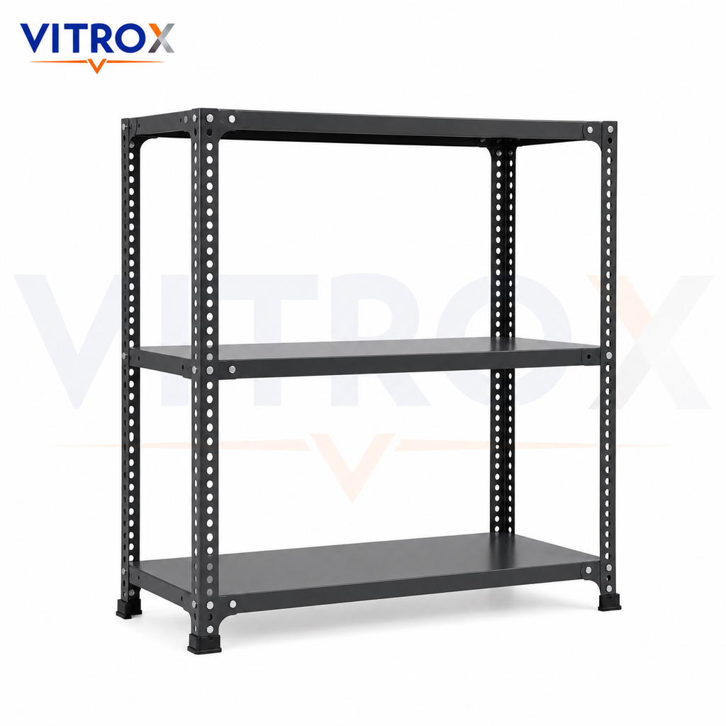 VITROX Slotted Angle Storage Rack 36 x 36 x 12 Inch 3 Tier – Gray Enamel Painted Iron Metal Rack for Home, Shop, Office & Utility Storage