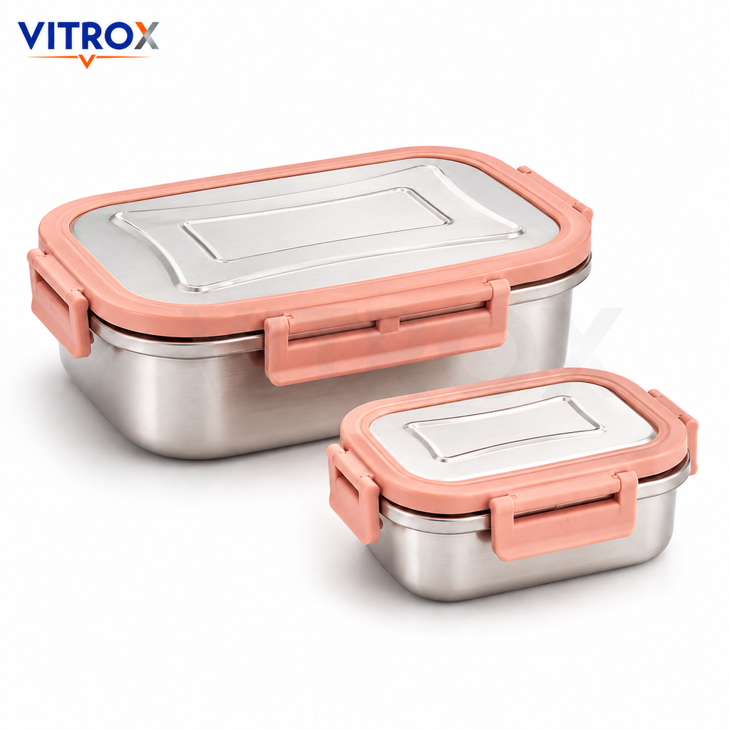 VITROX Leak-Proof Stainless Steel Lunch Box 1000ml with Lock Lid & Small Inner Box – Pink Lunch Container for Office, School & Travel