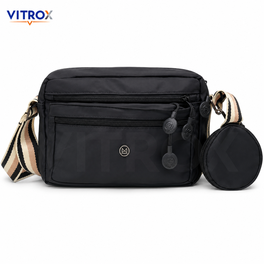 VITROX Black Crossbody Sling Bag with Striped Adjustable Strap & Round Pouch – Multi-Zip Shoulder Bag for Daily Use