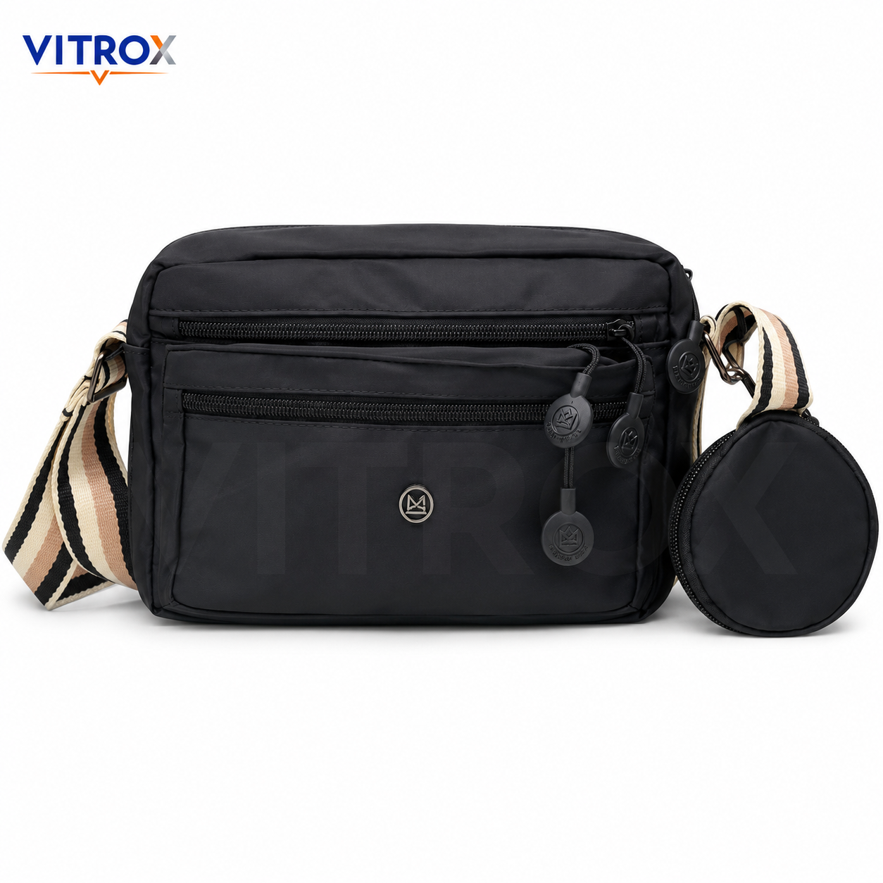 VITROX Black Crossbody Sling Bag with Striped Adjustable Strap & Round Pouch – Multi-Zip Shoulder Bag for Daily Use