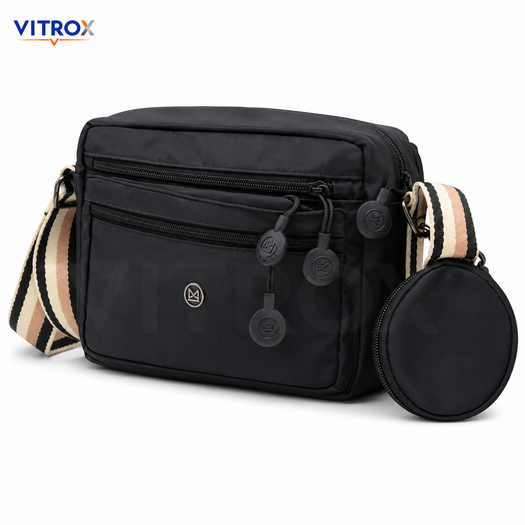 VITROX Black Crossbody Sling Bag with Striped Adjustable Strap & Round Pouch – Multi-Zip Shoulder Bag for Daily Use