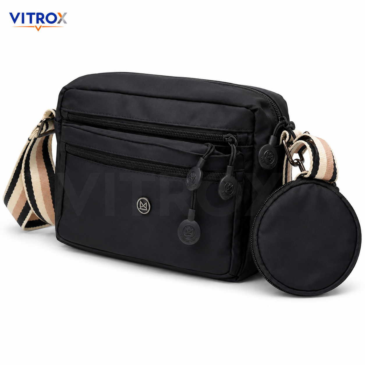 VITROX Black Crossbody Sling Bag with Striped Adjustable Strap & Round Pouch – Multi-Zip Shoulder Bag for Daily Use