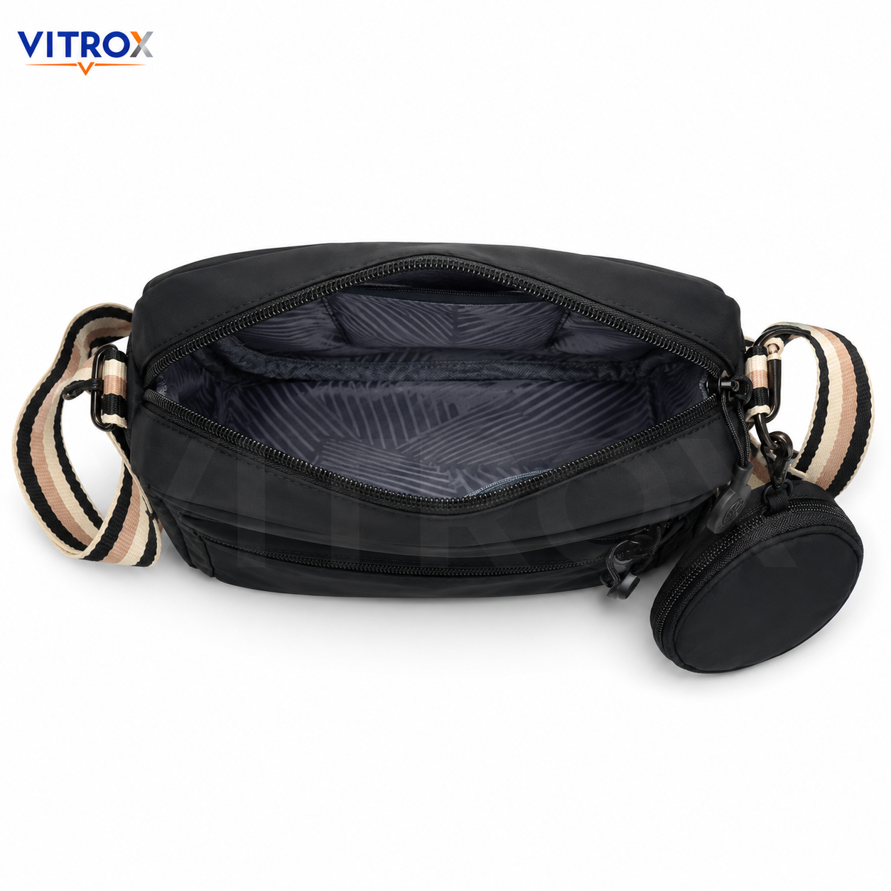 VITROX Black Crossbody Sling Bag with Striped Adjustable Strap & Round Pouch – Multi-Zip Shoulder Bag for Daily Use