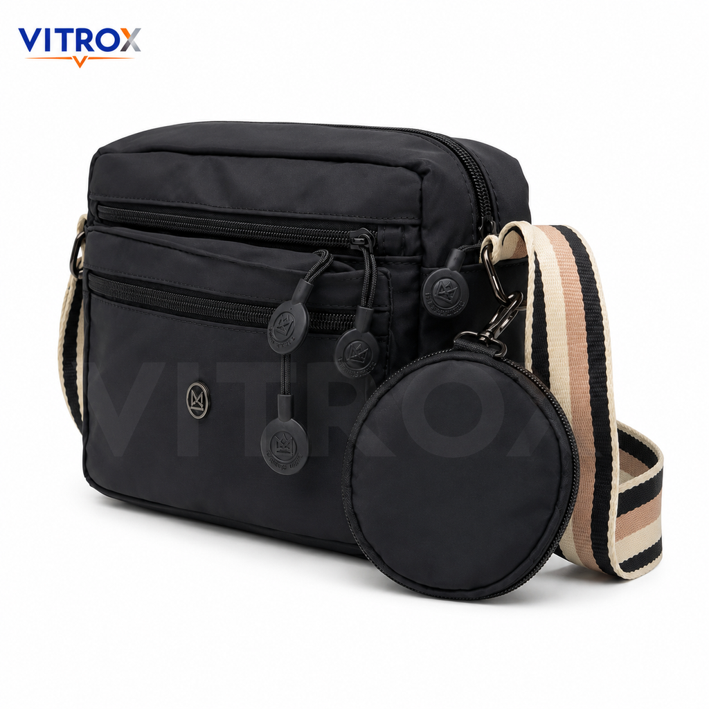 VITROX Black Crossbody Sling Bag with Striped Adjustable Strap & Round Pouch – Multi-Zip Shoulder Bag for Daily Use