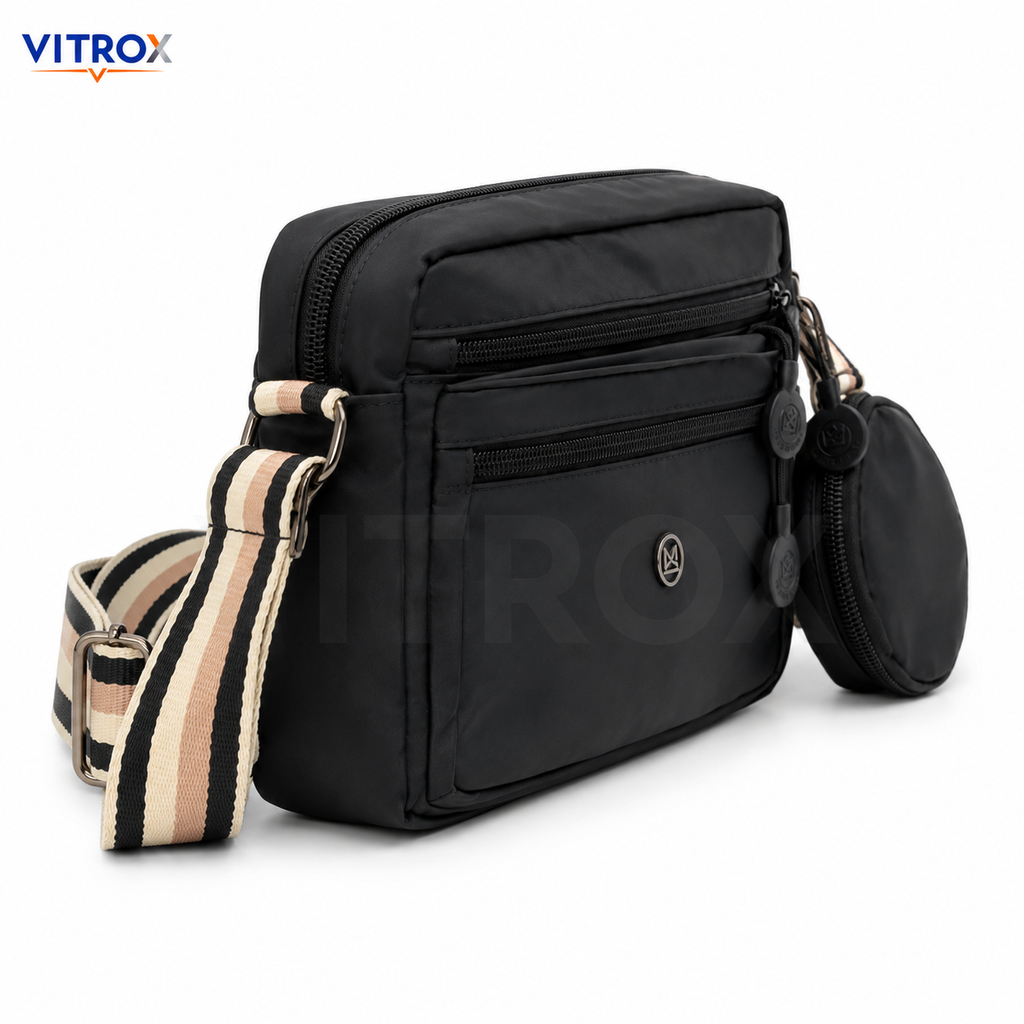 VITROX Black Crossbody Sling Bag with Striped Adjustable Strap & Round Pouch – Multi-Zip Shoulder Bag for Daily Use