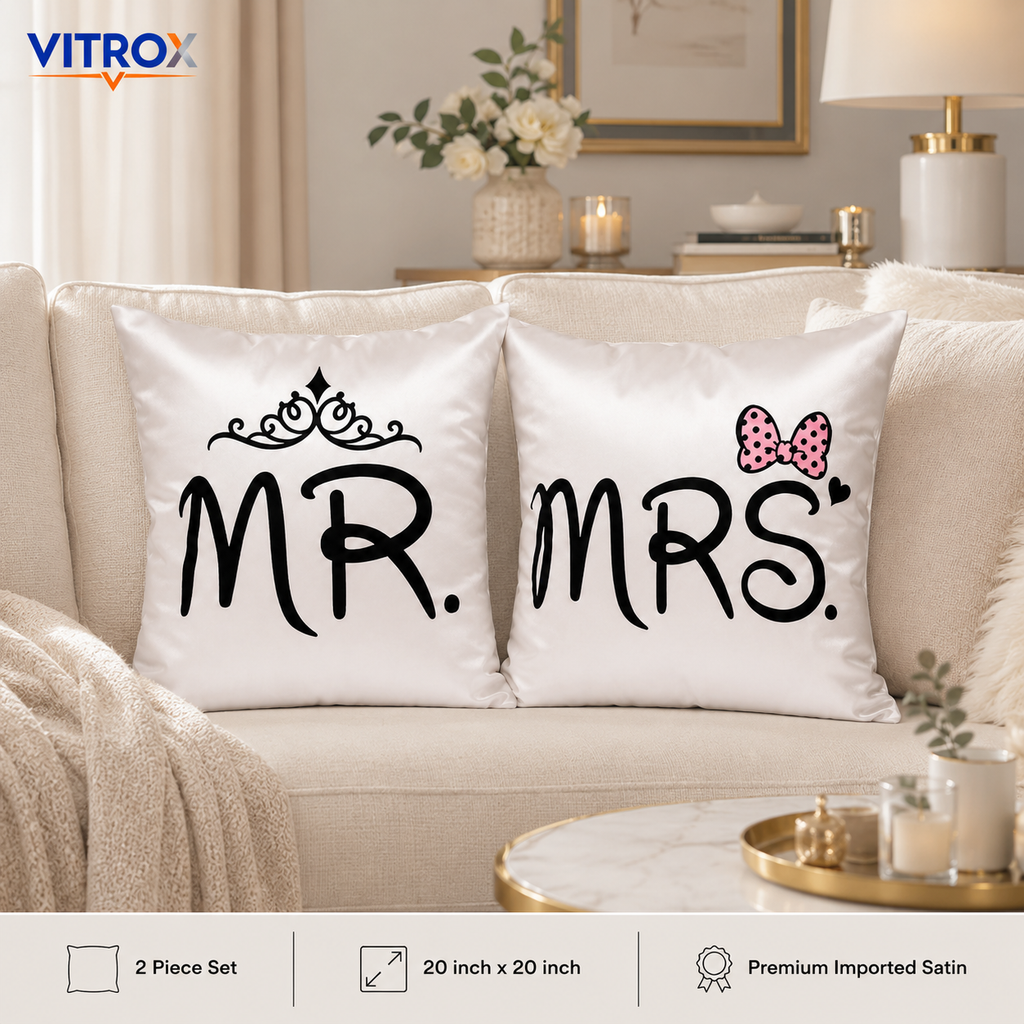 Vitrox MR & MRS Couple Cushion Cover Set – 2 Piece Set, 20 x 20 Inch Premium Imported Satin Cushion Covers