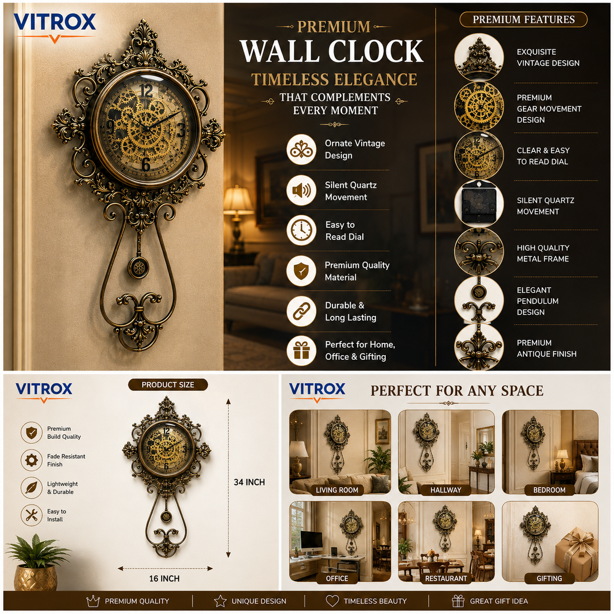 Vintage Decorative Wall Clock with Pendulum – Premium Silent Quartz Antique Wall Clock (34 × 16 Inch)