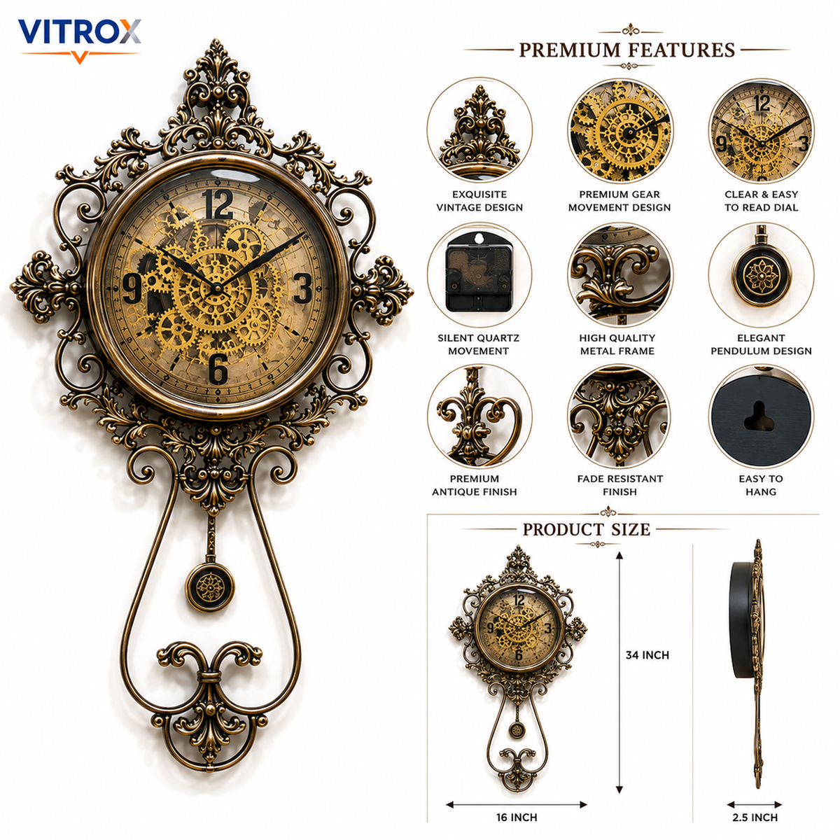 Vintage Decorative Wall Clock with Pendulum – Premium Silent Quartz Antique Wall Clock (34 × 16 Inch)